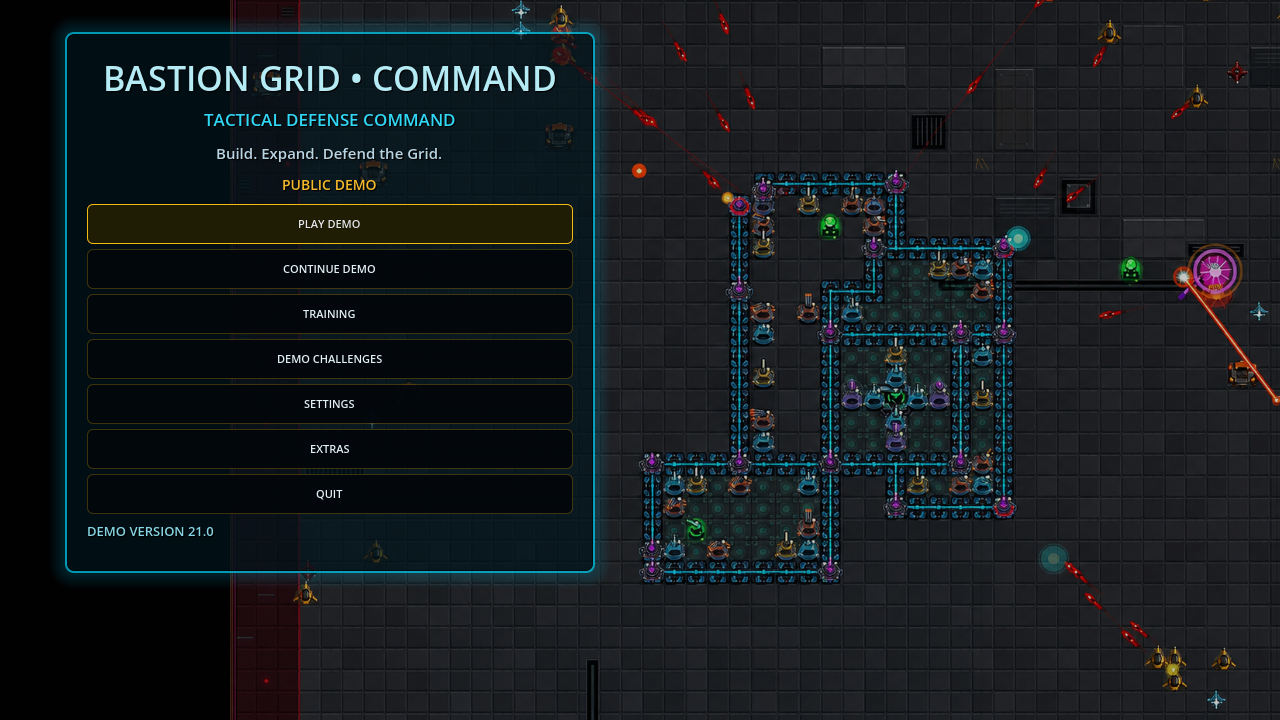 Bastion Grid Demo 21.0 command menu displayed over an active fortified battlefield