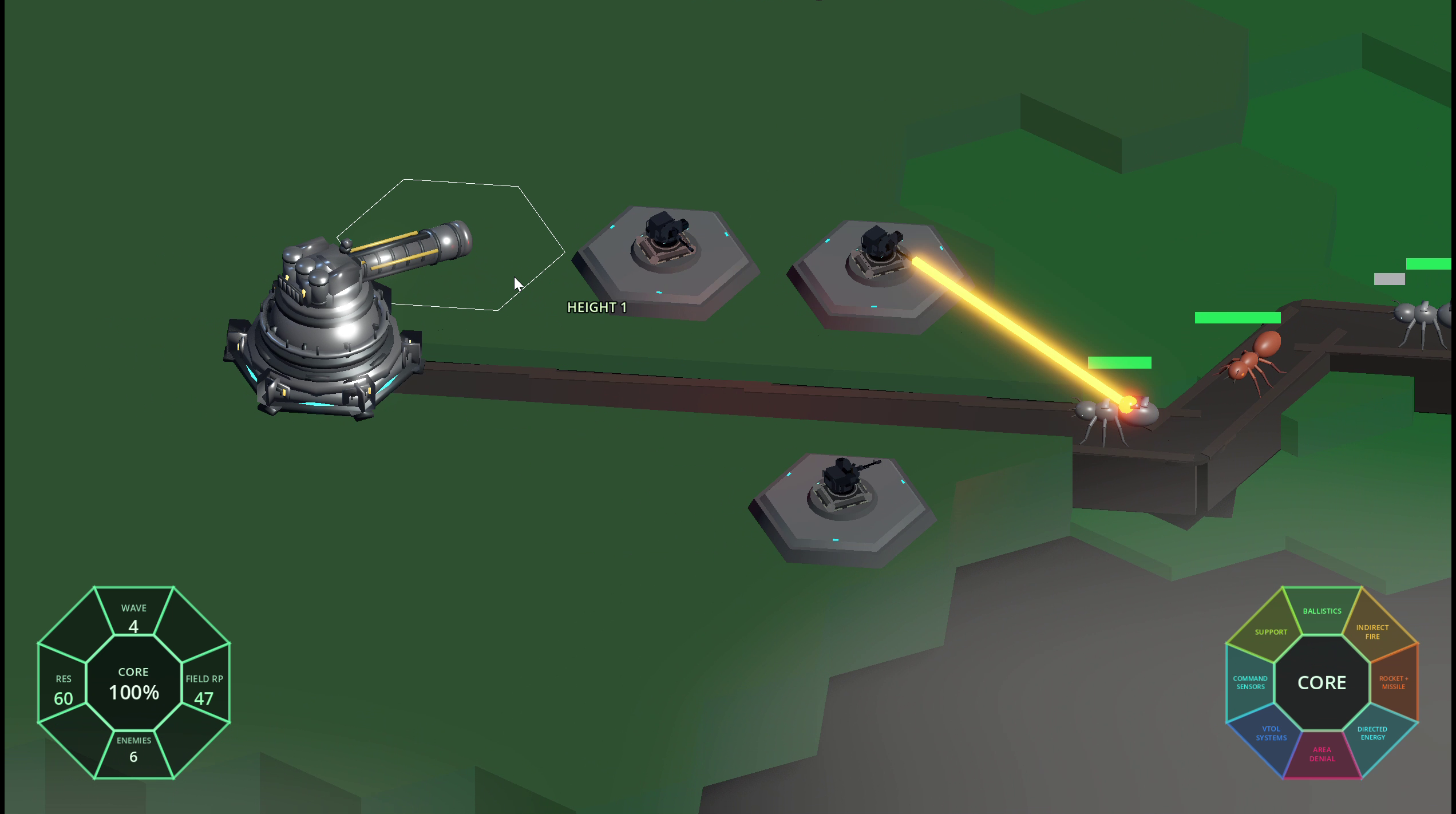 Pre-alpha Hexsault combat with defensive weapons firing across the hex field