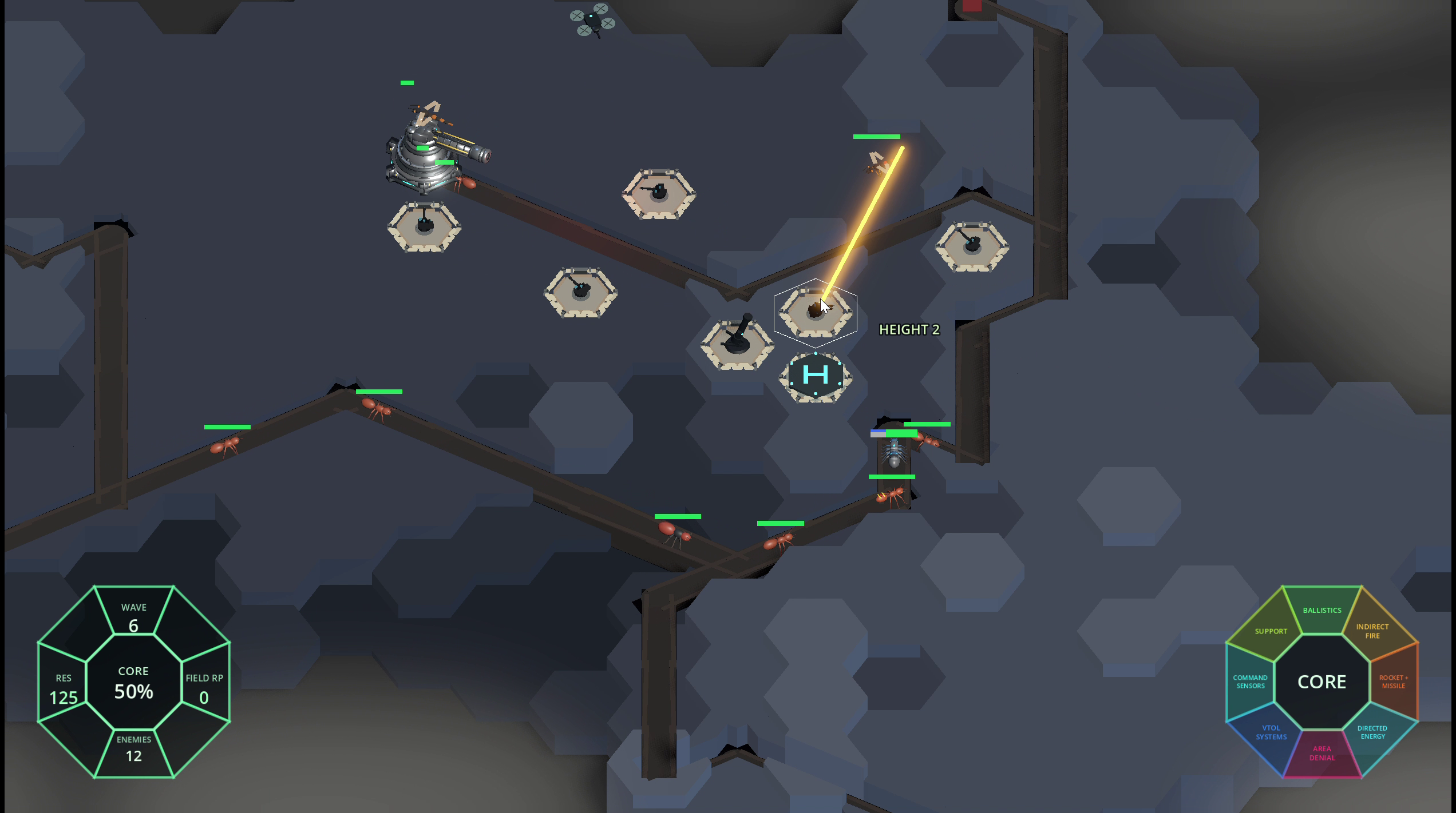 Pre-alpha Hexsault battlefield with automated defenses engaging an incoming wave